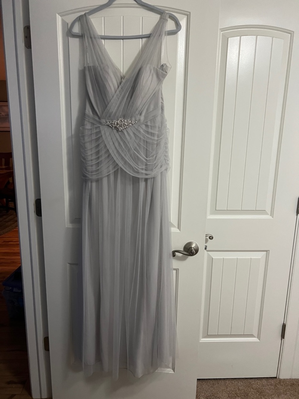 Bari Jay Silver Sheer Tulle Evening Gown with Beaded Waist